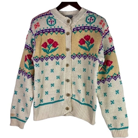 VTG 80s IVY Hand Knit Cardigan Sweater Small Floral Princess Di Cottagecore - Picture 2 of 5